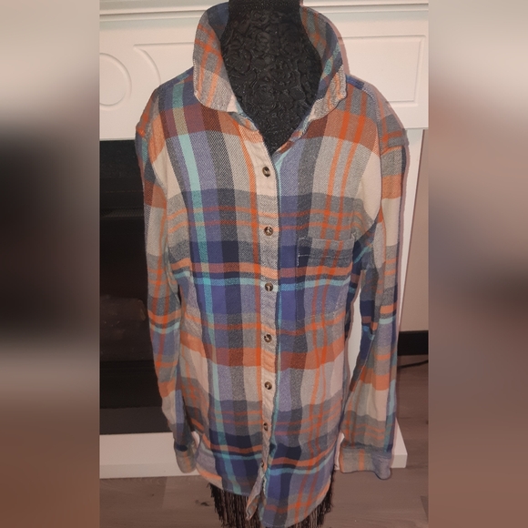 Roots Tops - Roots Women's Size XS Blue and Orange Plaid Fleece Shirt.